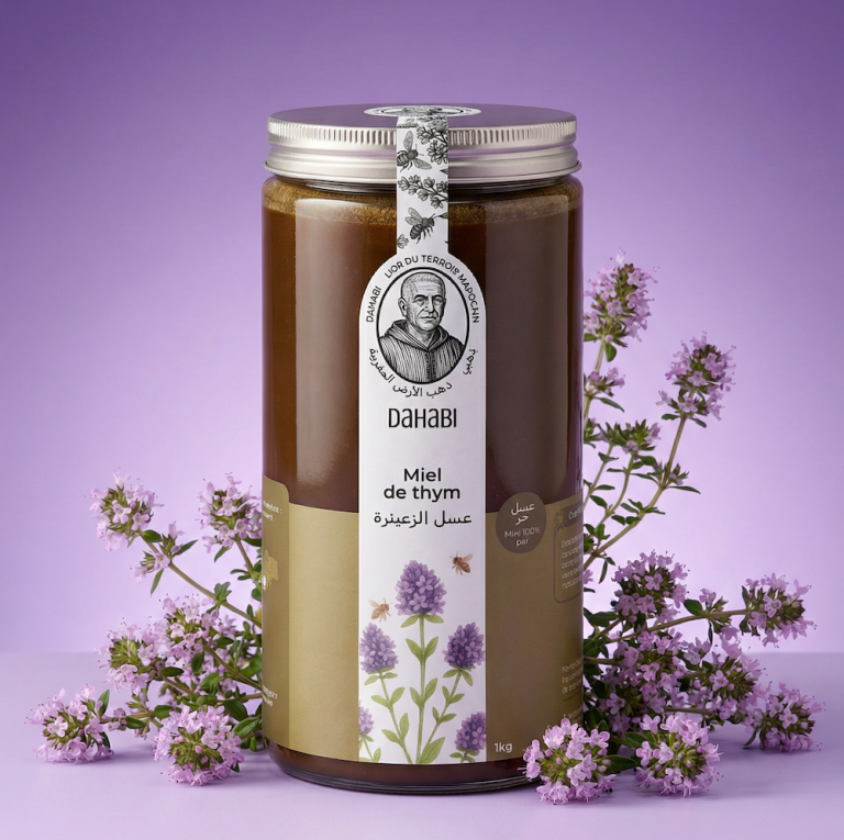 Pot de miel de thym Dahabi entouré de thym en fleur