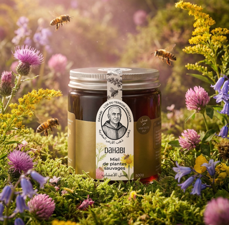 Pot de miel de fleurs sauvages Dahabi dans un pré fleuri