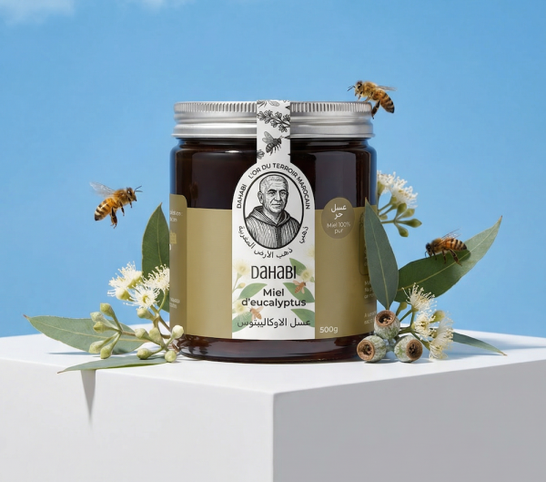 Un pot de miel d'eucalyptus avec des abeilles au tour